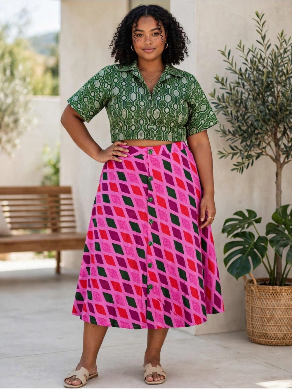 Ankara Vibrant Pink Geometric Button-Front Midi Skirt